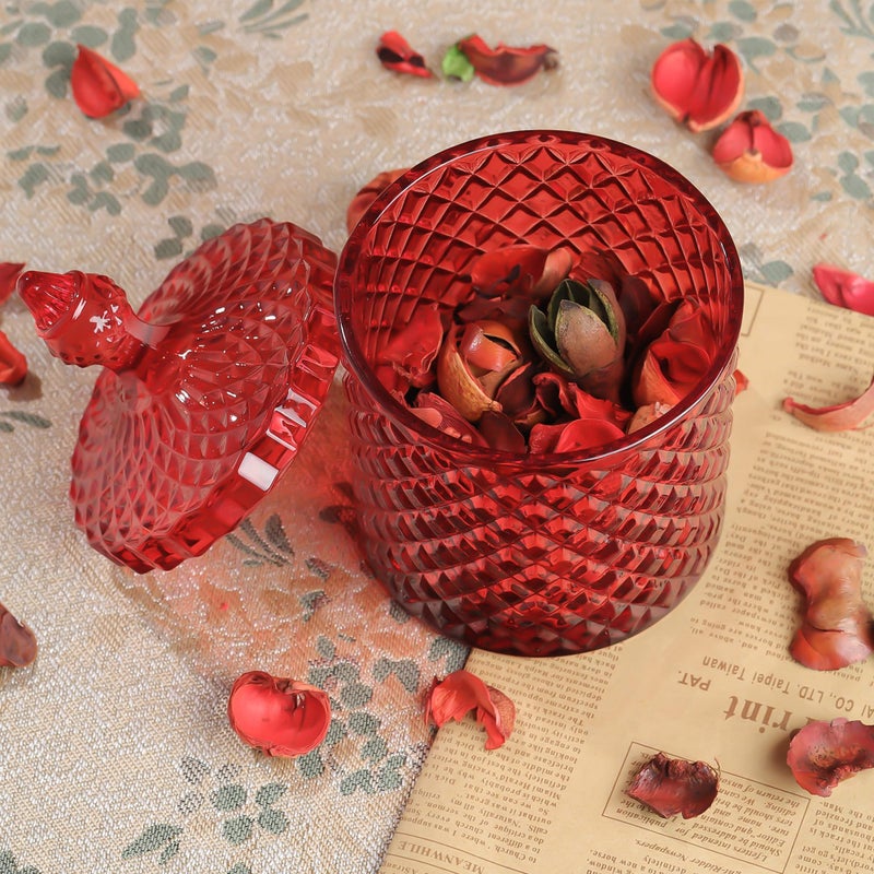 Joeyan 18 oz Red Glass Jars with Lid,Embossed Candy Dishes,Diamond Faceted Glass Food Container,Decorative Jewelry Box Canisters,Colored Kitchen Bathroom Storage Organizer,Gifts for Wedding Buffet - Image 5