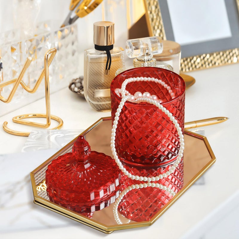 Joeyan 18 oz Red Glass Jars with Lid,Embossed Candy Dishes,Diamond Faceted Glass Food Container,Decorative Jewelry Box Canisters,Colored Kitchen Bathroom Storage Organizer,Gifts for Wedding Buffet - Image 2