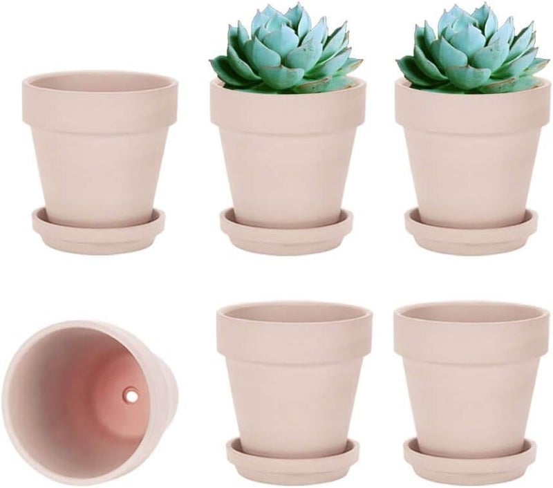 vensovo 4 Inch Small Pink Terracotta Plant Pots with Saucer - 6 Pack Clay Flowerpots with Drainage, Great for Indoor Outdoor Plants, Crafts, Wedding Favor - Image 1
