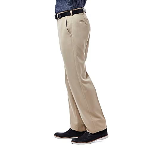 Haggar mens Cool 18 Stria Hidden Expandable Waistband Plain Front dress pants, British Khaki, 42W x 32L US - Image 2