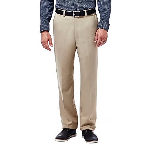 Haggar mens Cool 18 Stria Hidden Expandable Waistband Plain Front dress pants, British Khaki, 42W x 32L US - Image 1