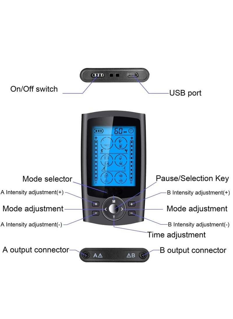 SYOSI - Muscle Stimulator Dual Channel TENS EMS Unit 24 Modes for Pain Relief Therapy, Electronic Pulse Massager Muscle Massager with 10 Pads Dust-Proof Drawstring Storage Bag - Image 1