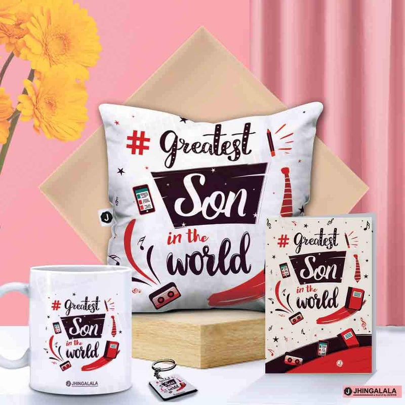 Jhingalala Jhingalala Gift for Son Greatest Son in The World Printed Cushion with Filler Coffee Mug Key Chain Greeting Card Combo Gifts for Son Birthday Special