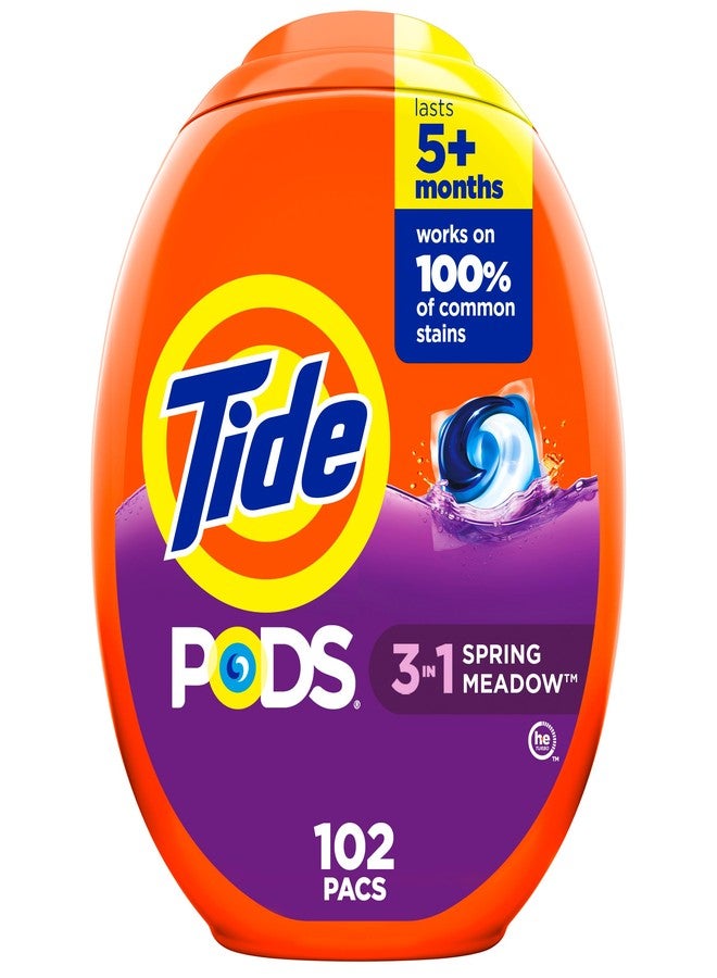 Tide PODS Laundry Detergent Pacs, 3-in-1 Stain Remover, Odor Fighter, Color Protector, 102 Count, HE compatible, Spring Meadow Scent - Image 1