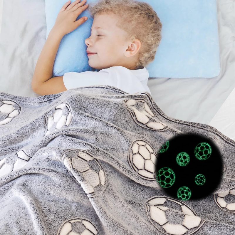 Glow Dark Soccer Throw 50"x60" Soft Fleece Blanket - Luminous Soccer Pattern Cozy Dino Throw for Kids Bedroom - Image 5