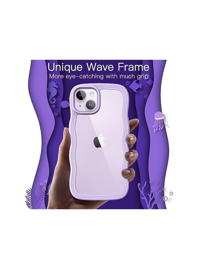 Jetech Cute Case for iPhone 14 6.1-Inch, Wave Frame Curly Shape Shockproof Phone Cover for Women and Girls, Clear Hard PC Back (Purple) - Image 3