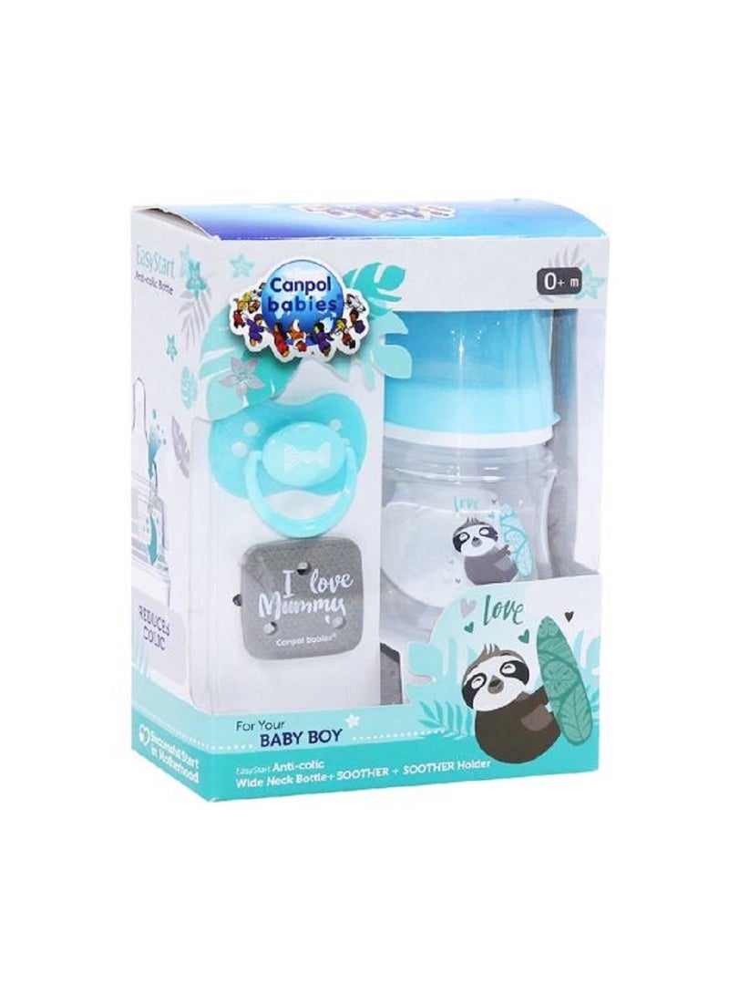 Canpol babies Newborn Gift Set + Anti-colic Bottle 0+m - 120 Ml + Silicone Soother 0-6m+ Soother Holder- Blue - Image 1