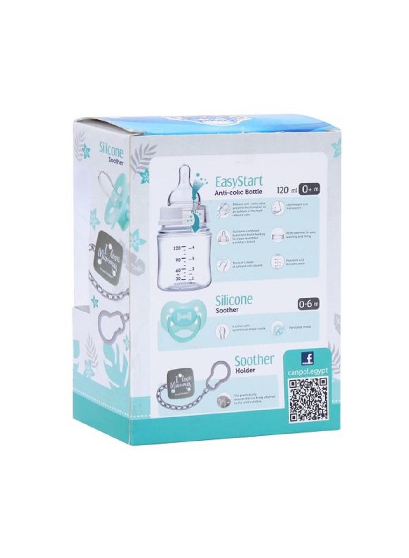 Canpol babies Newborn Gift Set + Anti-colic Bottle 0+m - 120 Ml + Silicone Soother 0-6m+ Soother Holder- Blue - Image 2