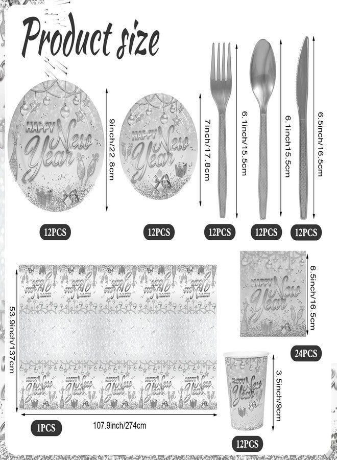 هواف طقم أدوات مائدة فضية اللون من HOWAF مكون من 97 قطعة، يكفي لـ 12 شخصًا، يشمل أطباقًا ومناديل وأكوابًا ومفارش مائدة وأدوات مائدة للاستخدام مرة واحدة، مثالي لتزيين ليلة رأس السنة 2026. - Image 2