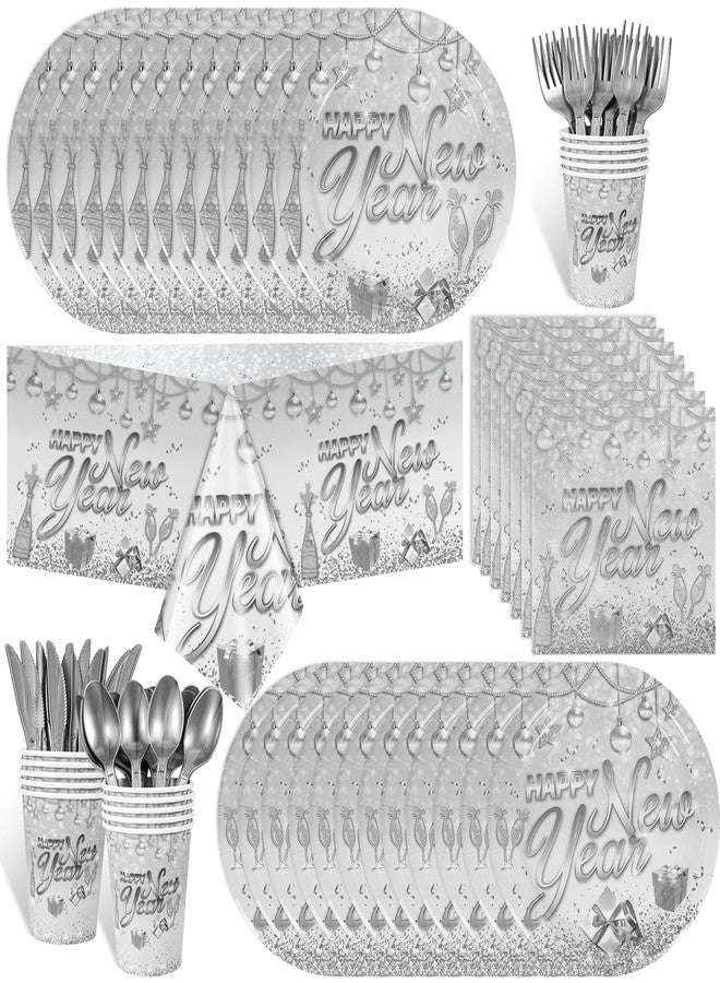 هواف طقم أدوات مائدة فضية اللون من HOWAF مكون من 97 قطعة، يكفي لـ 12 شخصًا، يشمل أطباقًا ومناديل وأكوابًا ومفارش مائدة وأدوات مائدة للاستخدام مرة واحدة، مثالي لتزيين ليلة رأس السنة 2026. - Image 1