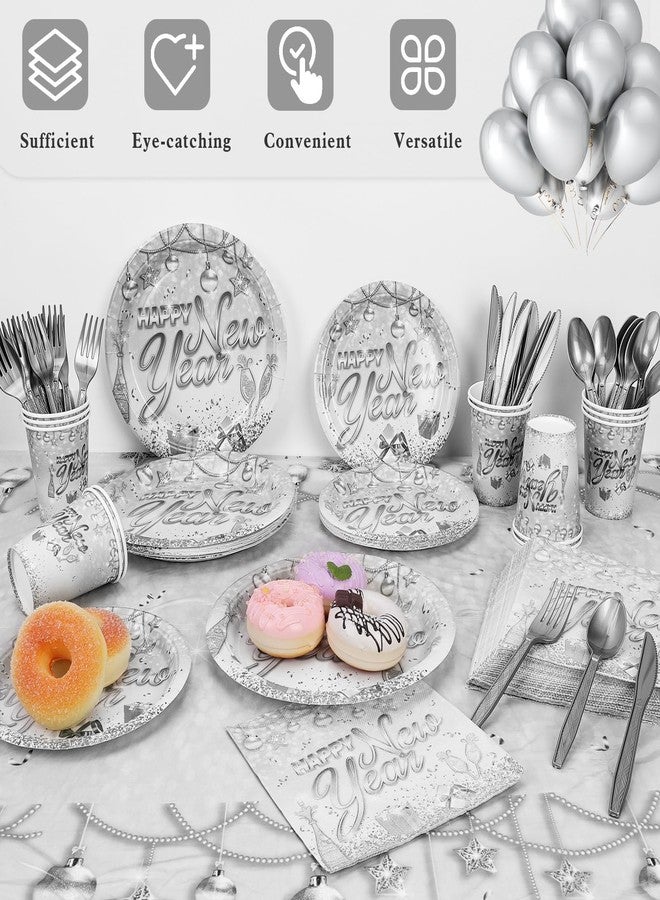 هواف طقم أدوات مائدة فضية اللون من HOWAF مكون من 97 قطعة، يكفي لـ 12 شخصًا، يشمل أطباقًا ومناديل وأكوابًا ومفارش مائدة وأدوات مائدة للاستخدام مرة واحدة، مثالي لتزيين ليلة رأس السنة 2026. - Image 4