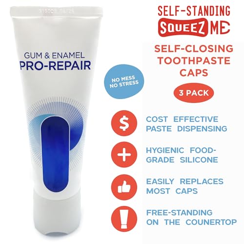 Chrome Cherry SqueezMe Self-Closing Toothpaste Caps, Silicone Lid for Kids & Adults, No Mess Toothpaste Dispenser, Easy Squeezer Cap for Tubes, Bathroom Accessory, Self-Standing Mix, Pack of 3 - Image 2