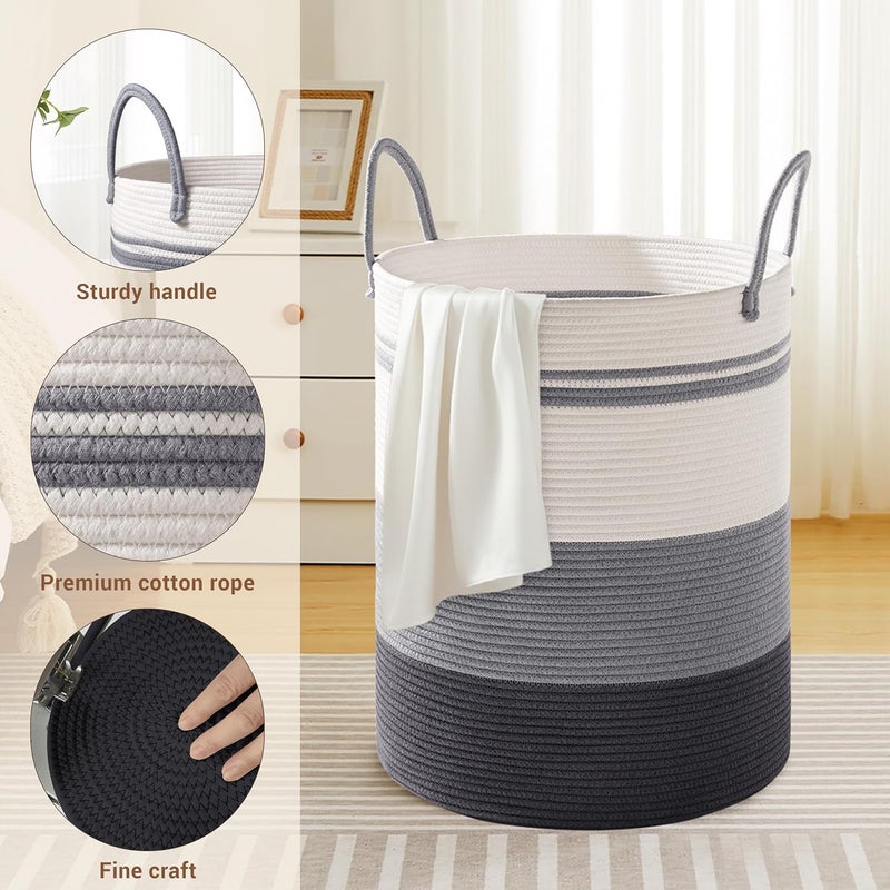SunNewt Tall Laundry Basket with Handles, 72L Portable Dirty Clothes Hamper, Boho Cotton Rope Storage Bin for Blankets Kids Toys Gifts, Large Organizer for Baby Nursery Bedroom Bathroom, Grey Striped - Image 3