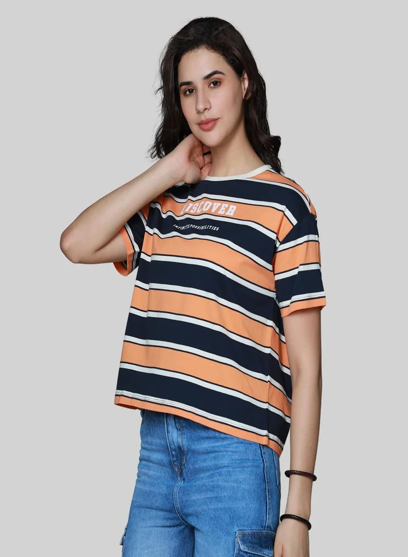 هاي ستار Women's Orange 100% Cotton Striped Boxy T-Shirt