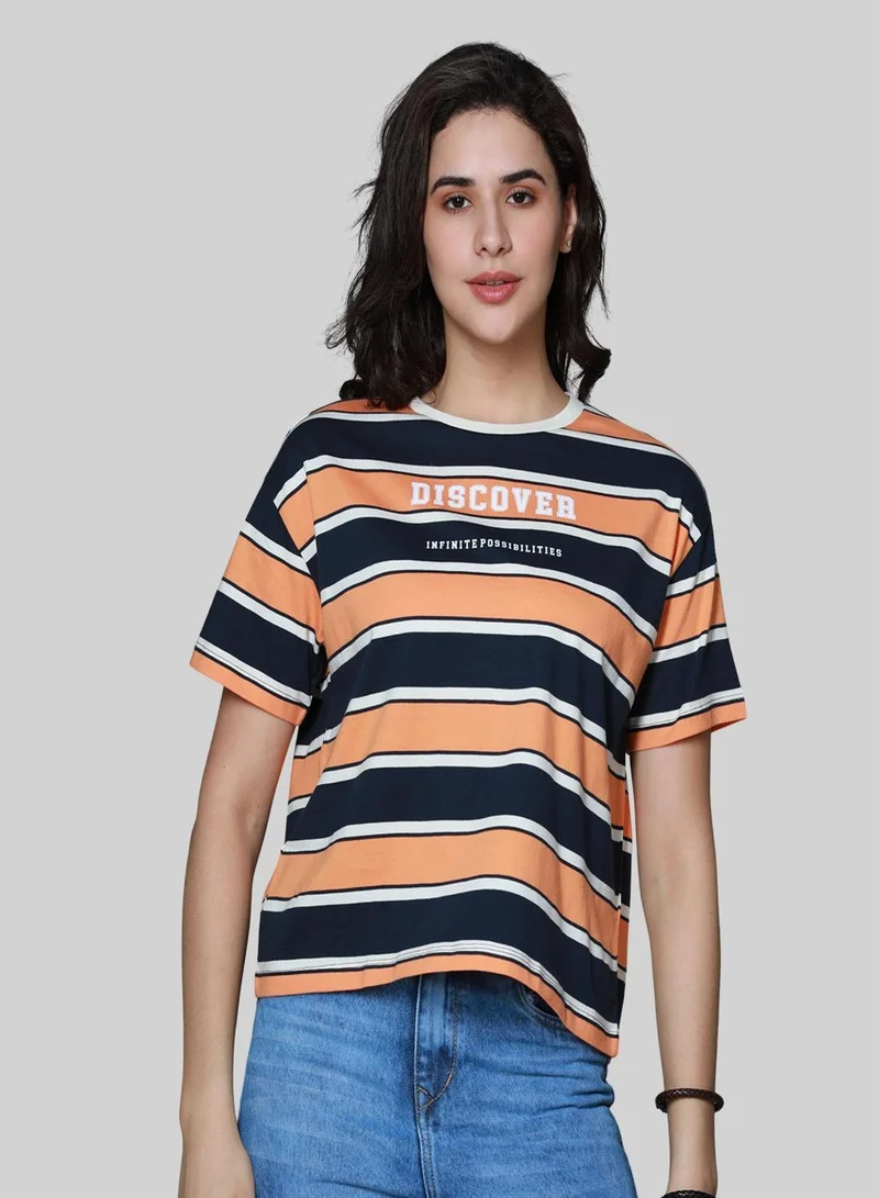هاي ستار Women's Orange 100% Cotton Striped Boxy T-Shirt