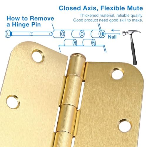 TDCHINGES 12 Pack Interior Door Hinges Brushed Brass 3.5 inch X 3-1/2" 5/8 Radius,3 ½"Satin Gold Round Standard Hinge for Single Doors DIY Assembly Bifold Table Hardware Kit House Accessories Home Eseentials - Image 3