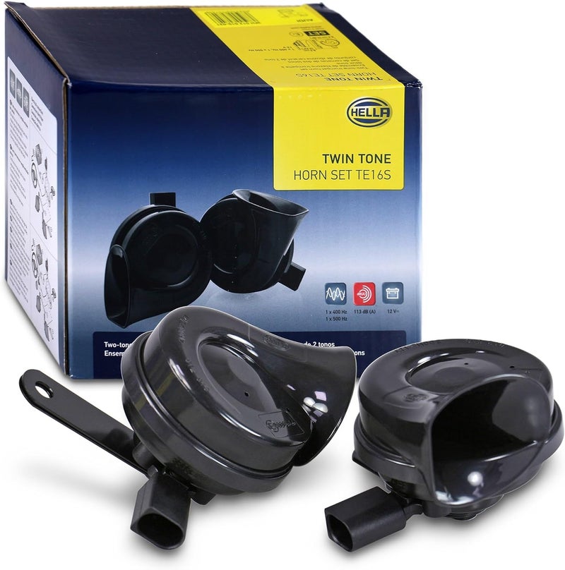 هيلا HELLA Fanfare Hella OE-Connect Horn TE26 Set 12 V 110 dB(A) 400 Hz - 500 Hz - High/Low Tone - Electric - ECE - Housing Colour: Black - Quantity: 2-3FH 012 010-021 - Image 1