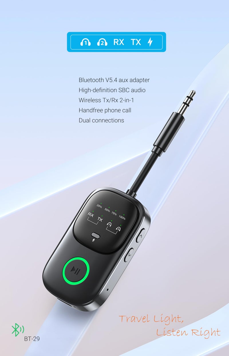 GMCELL Bluetooth Transmitter Receiver Aux Adapter: Connects 2 Headphones for Airplane TV Car Audio - Image 2