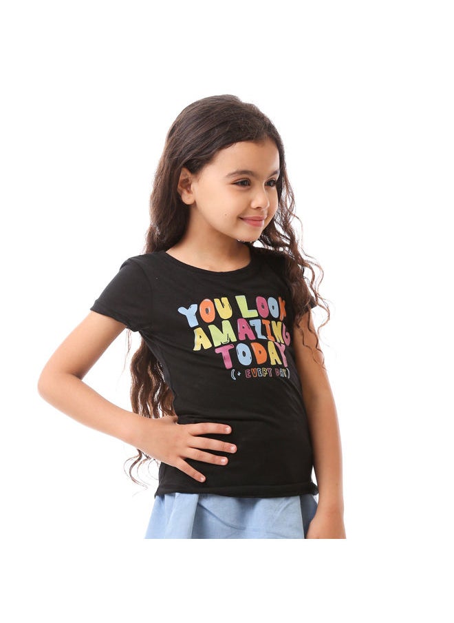 Andora - Girls Colorful Printed Cotton Tee - Black - Image 1