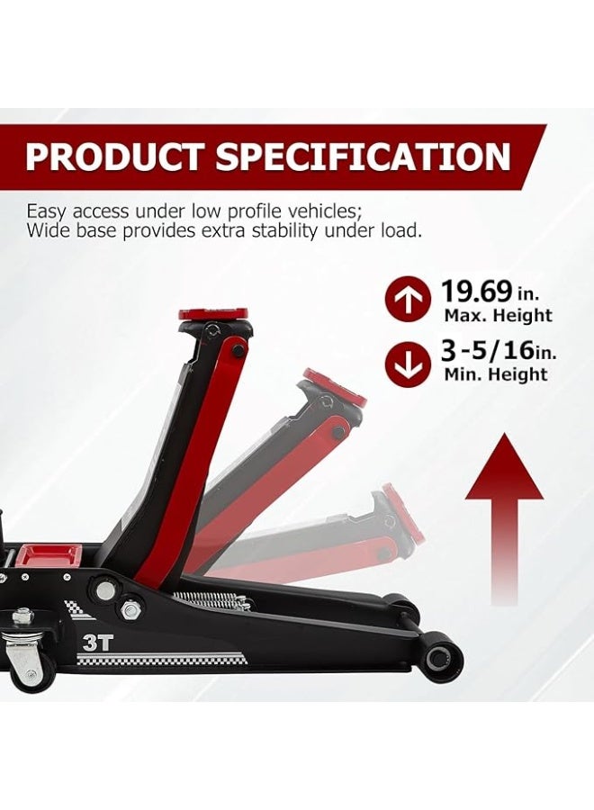 Low Profile Hydraulic Floor Jack - 3 Ton Heavy-Duty Quick Lift Racing Jack - Professional Dual Piston Car Lift with Lug Wrench - Image 4