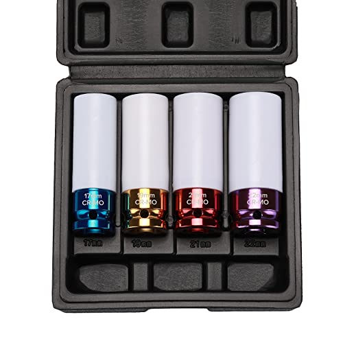 EMENTOL 4PCS 1/2" Drive Thin-Walled Impact Drive Lug Nut Socket Set, CR-MO, Metric, Protective Wheel Impact Socket Set-17mm, 19mm, 21mm, 22mm - Image 1