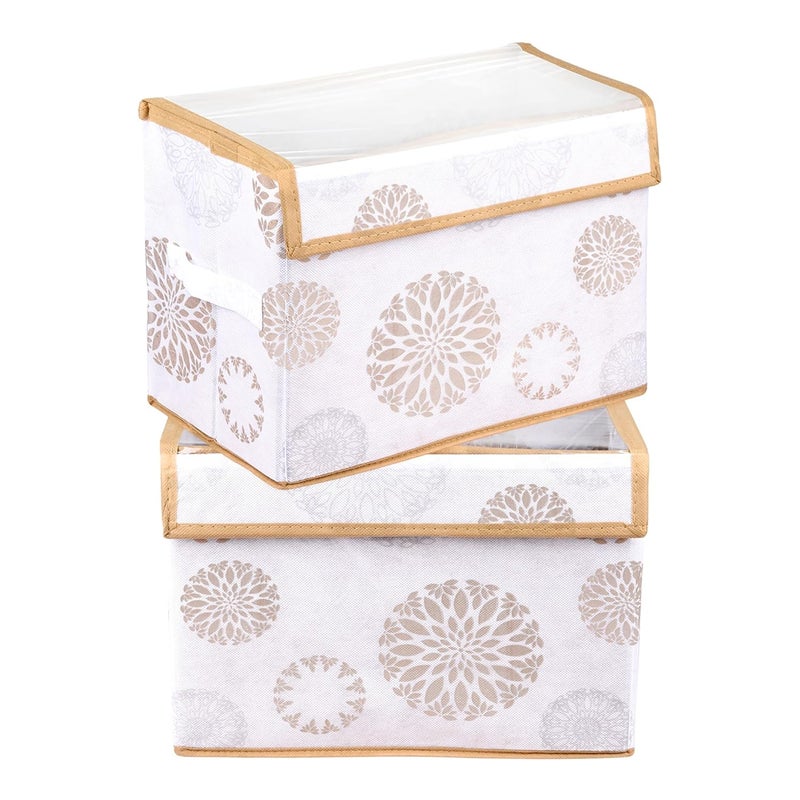 Kuber Industries Kuber Industries Pack of 2 Drawer Storage Box Foldable Clothes Organizer Transparent Dhakkan with Handle Velcro Drawer Organizer Storage Bin for BooksToys GolaPrint Medium White  - Image 1