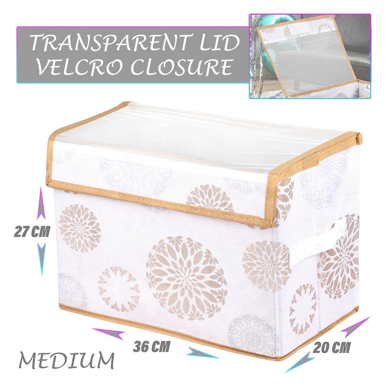 Kuber Industries Kuber Industries Pack of 2 Drawer Storage Box Foldable Clothes Organizer Transparent Dhakkan with Handle Velcro Drawer Organizer Storage Bin for BooksToys GolaPrint Medium White  - Image 3