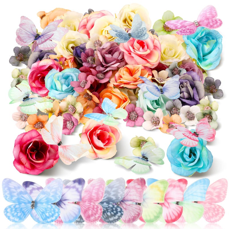 Giegxin Faux Flower Heads Flowers for Crafts Artificial Silk Daisy Rose Flowers 3D 2 Layers Organza Butterflies for Wedding Party Hair Cap Decoration Delicate Style 204 Pcs