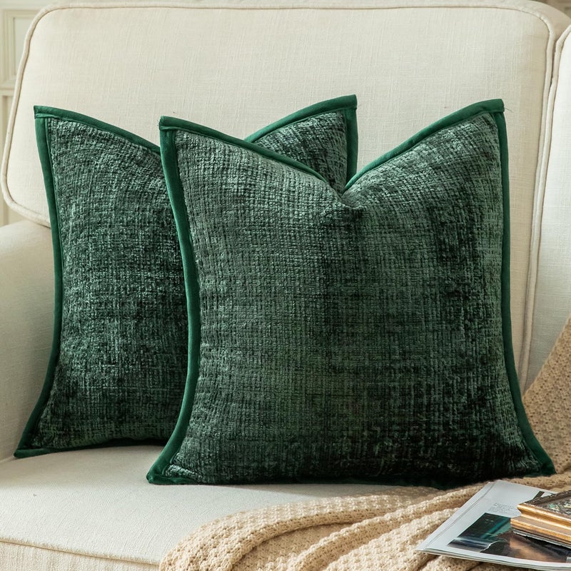 Yaertun Pack of 2 Chenille Textured Decorative Throw Pillow Covers Accent Solid Cushion Cover Soft Cozy Pillow Case with Velvet Back for Couch Sofa Bed Living Room 16x16 Inch Green - Image 1