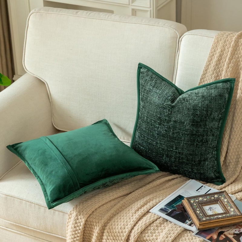 Yaertun Pack of 2 Chenille Textured Decorative Throw Pillow Covers Accent Solid Cushion Cover Soft Cozy Pillow Case with Velvet Back for Couch Sofa Bed Living Room 16x16 Inch Green - Image 2