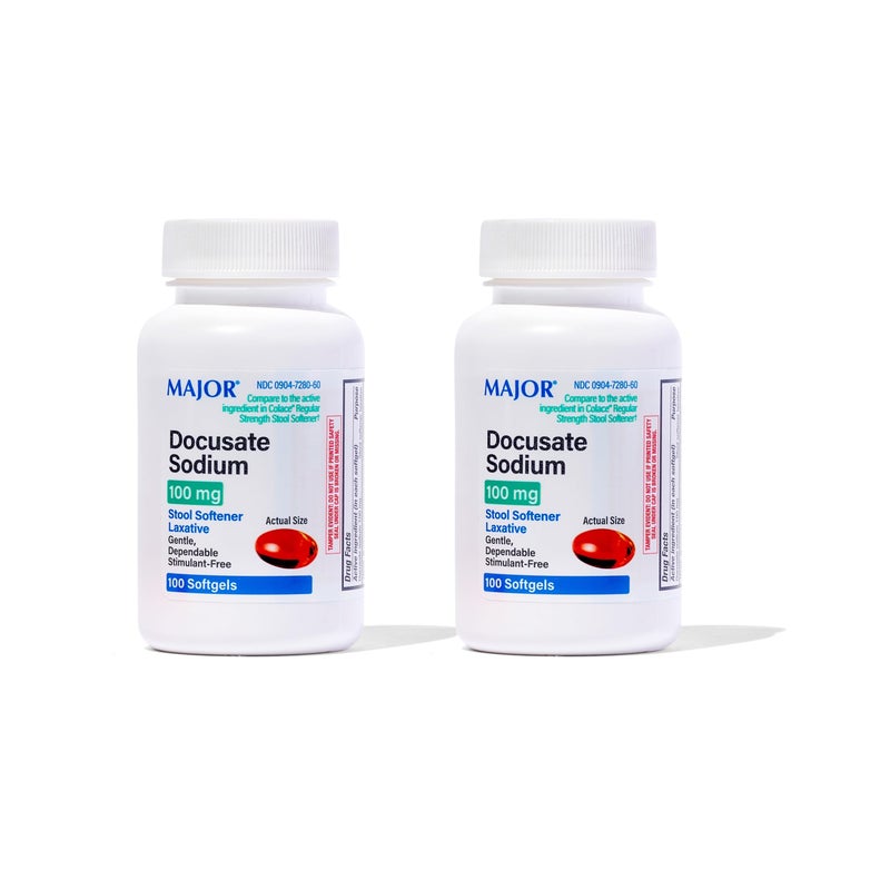 MAJOR MAJOR Docusate Sodium 250 mg Extra Strength Stool Softener Laxative Softgels for Constipation Relief Gentle Stool Softeners for Women Men and Kids Ages 12 100 Softgels 2 Pack