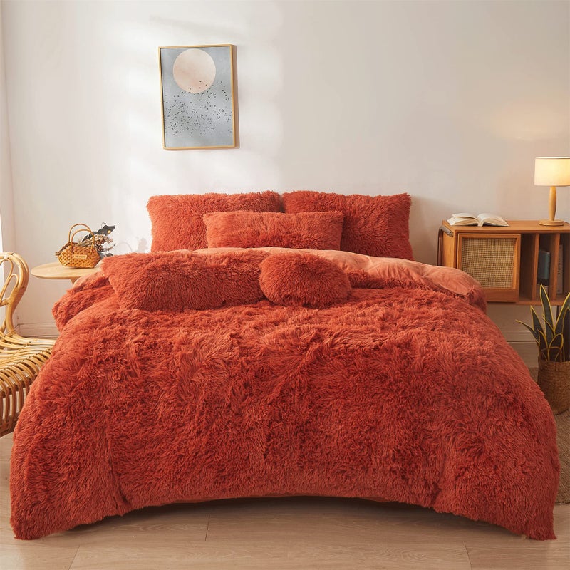 Fluffy Orange Comforter Cover Set Queen  Ultra Soft Plush Burnt Orange Bedding Sets 3 Pieces 1 Faux Fur Duvet Cover  2 Faux Fur Pillow case Boho Orange Queen Bed Sets Dark Orange Queen