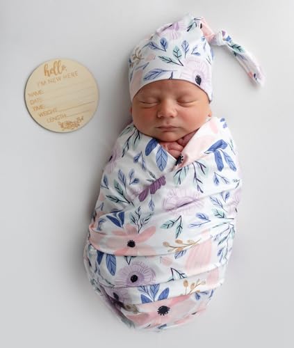 Vollmic Newborn Baby Girl Receiving Blanket Swaddle Blanket Stretchy Knit Swaddle Set with Matching Headband Beanie with a Name Card Pink and Purple Floral - Image 3