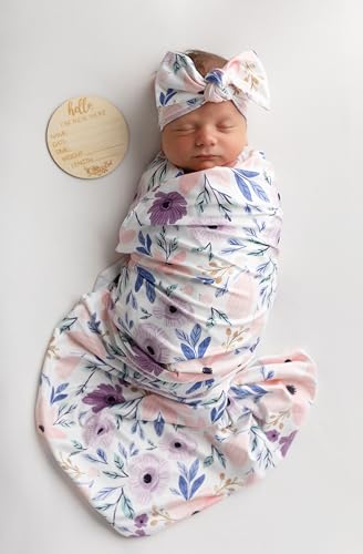Vollmic Newborn Baby Girl Receiving Blanket Swaddle Blanket Stretchy Knit Swaddle Set with Matching Headband Beanie with a Name Card Pink and Purple Floral - Image 1