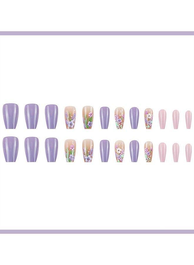 Happy D Press-on Nails, Medium Length, Butterfly and Lavender Fake Nails, Square and Round Shiny Gloss, 3D Flower Nail Stickers, Artificial Nails for Women and Girls - 24 Pieces - Image 5