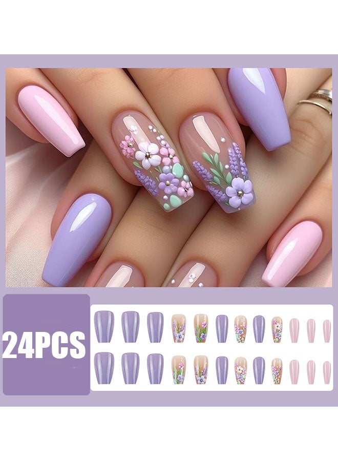 Happy D Press-on Nails, Medium Length, Butterfly and Lavender Fake Nails, Square and Round Shiny Gloss, 3D Flower Nail Stickers, Artificial Nails for Women and Girls - 24 Pieces - Image 2