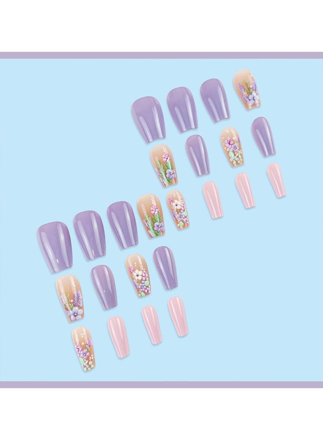 Happy D Press-on Nails, Medium Length, Butterfly and Lavender Fake Nails, Square and Round Shiny Gloss, 3D Flower Nail Stickers, Artificial Nails for Women and Girls - 24 Pieces - Image 4