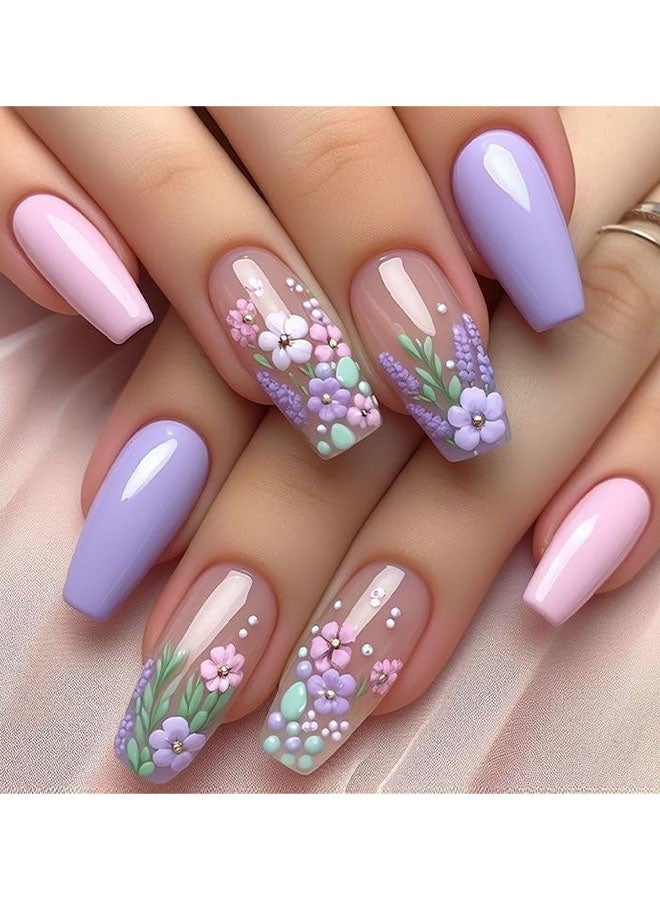 Happy D Press-on Nails, Medium Length, Butterfly and Lavender Fake Nails, Square and Round Shiny Gloss, 3D Flower Nail Stickers, Artificial Nails for Women and Girls - 24 Pieces - Image 1