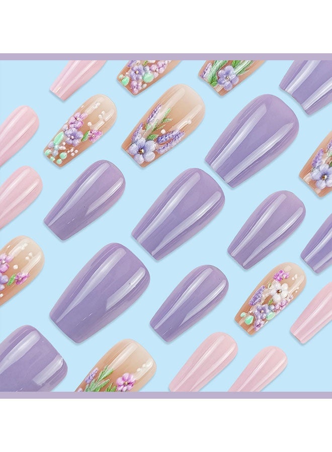 Happy D Press-on Nails, Medium Length, Butterfly and Lavender Fake Nails, Square and Round Shiny Gloss, 3D Flower Nail Stickers, Artificial Nails for Women and Girls - 24 Pieces - Image 3