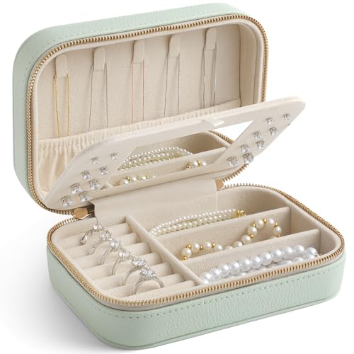 NGVRC Genuine Leather Travel Jewelry Organizer Case with Mirror for Women, Small Mini Portable Jewelry Box for Ring Earrings Necklace Bracelet Luxury Gift for Women（Mint Green） - Image 1