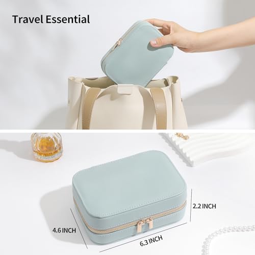 NGVRC Genuine Leather Travel Jewelry Organizer Case with Mirror for Women, Small Mini Portable Jewelry Box for Ring Earrings Necklace Bracelet Luxury Gift for Women（Mint Green） - Image 5