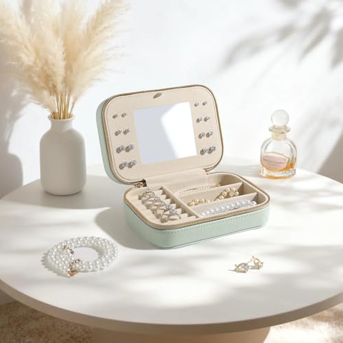 NGVRC Genuine Leather Travel Jewelry Organizer Case with Mirror for Women, Small Mini Portable Jewelry Box for Ring Earrings Necklace Bracelet Luxury Gift for Women（Mint Green） - Image 2