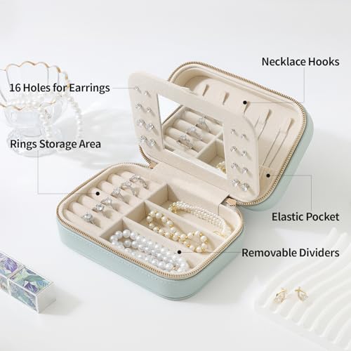 NGVRC Genuine Leather Travel Jewelry Organizer Case with Mirror for Women, Small Mini Portable Jewelry Box for Ring Earrings Necklace Bracelet Luxury Gift for Women（Mint Green） - Image 3