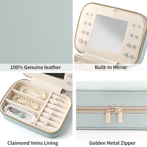 NGVRC Genuine Leather Travel Jewelry Organizer Case with Mirror for Women, Small Mini Portable Jewelry Box for Ring Earrings Necklace Bracelet Luxury Gift for Women（Mint Green） - Image 4