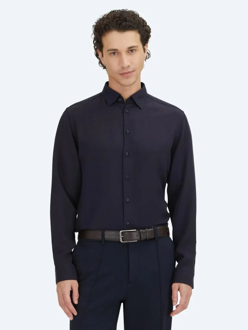 Kip Navy Blue Regular Fit Weaving Casual Shirt