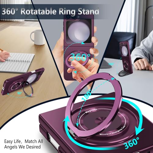 ZHOZEXIN for Samsung Galaxy Z Flip 6，Rotate Ring Magnetic Protection Shockproof Cover Case，Foldable Slim Case Compatible with Samsung Galaxy Z Flip 6 (Purple) - Image 2