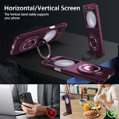 ZHOZEXIN for Samsung Galaxy Z Flip 6，Rotate Ring Magnetic Protection Shockproof Cover Case，Foldable Slim Case Compatible with Samsung Galaxy Z Flip 6 (Purple) - Image 3