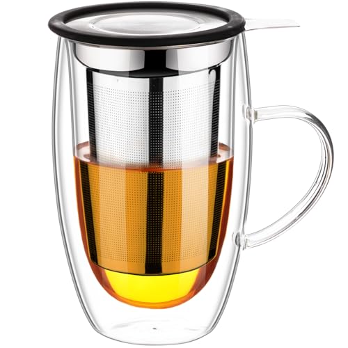 Baalaka Double Wall Glass Tea Cup With Stainless Steel Infuser and Lid, 16oz Borosilicate Glass Tea Mug, Tea Infuser for Loose Leaf Tea, Teas Gifts for Lovers - Image 1