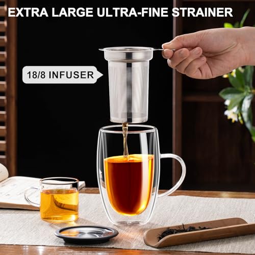 Baalaka Double Wall Glass Tea Cup With Stainless Steel Infuser and Lid, 16oz Borosilicate Glass Tea Mug, Tea Infuser for Loose Leaf Tea, Teas Gifts for Lovers - Image 3