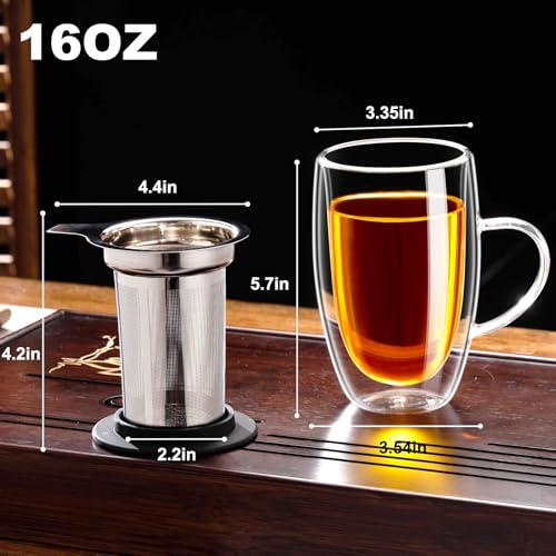 Baalaka Double Wall Glass Tea Cup With Stainless Steel Infuser and Lid, 16oz Borosilicate Glass Tea Mug, Tea Infuser for Loose Leaf Tea, Teas Gifts for Lovers - Image 2